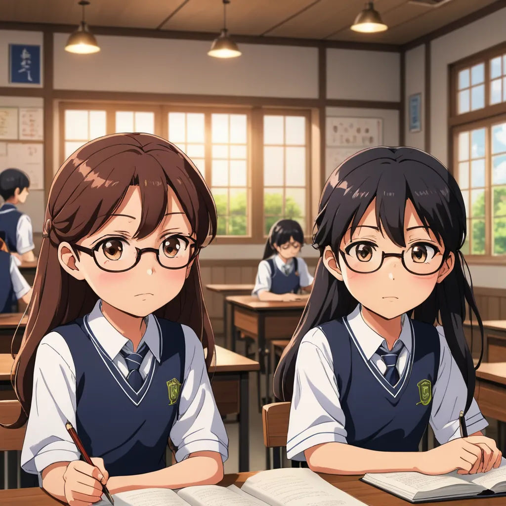 two girls sitting at desks with books and a notebook in front of them, both wearing glasses and looking at the camera, rayonism, computer graphics, Aguri Uchida, official art