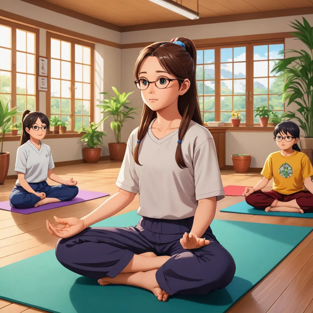 a woman sitting in a yoga position with other people in the background doing yoga exercises on mats in a room, sots art, a stock photo, An Gyeon, official art