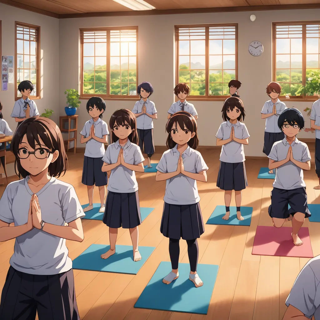 a group of children doing yoga in a classroom with windows and a clock in the background, with a teacher standing in front of them, sots art, concept art, Ai-Mitsu, official art