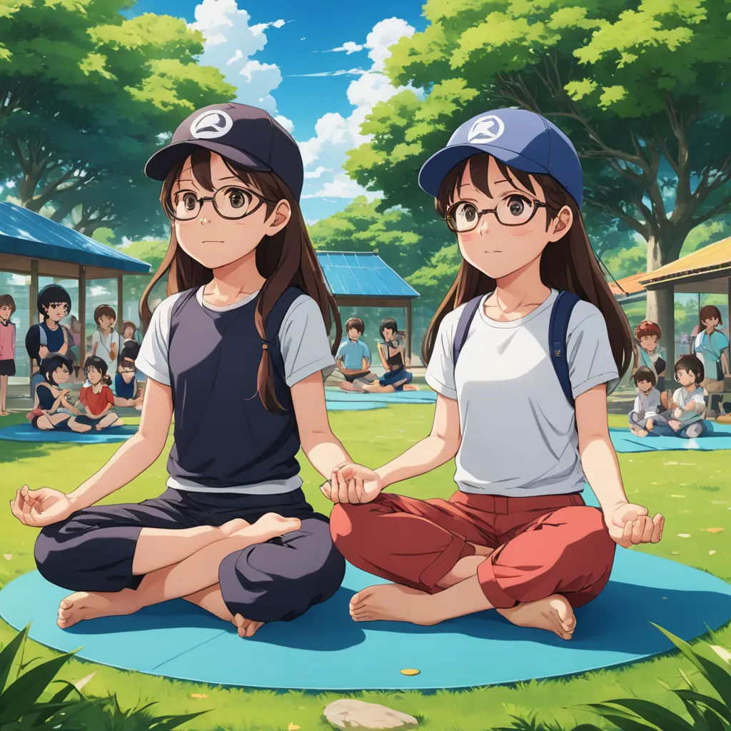 two girls sitting on a mat in front of a crowd of people in a park with trees and grass, rayonism, an album cover, Ai-Mitsu, official art