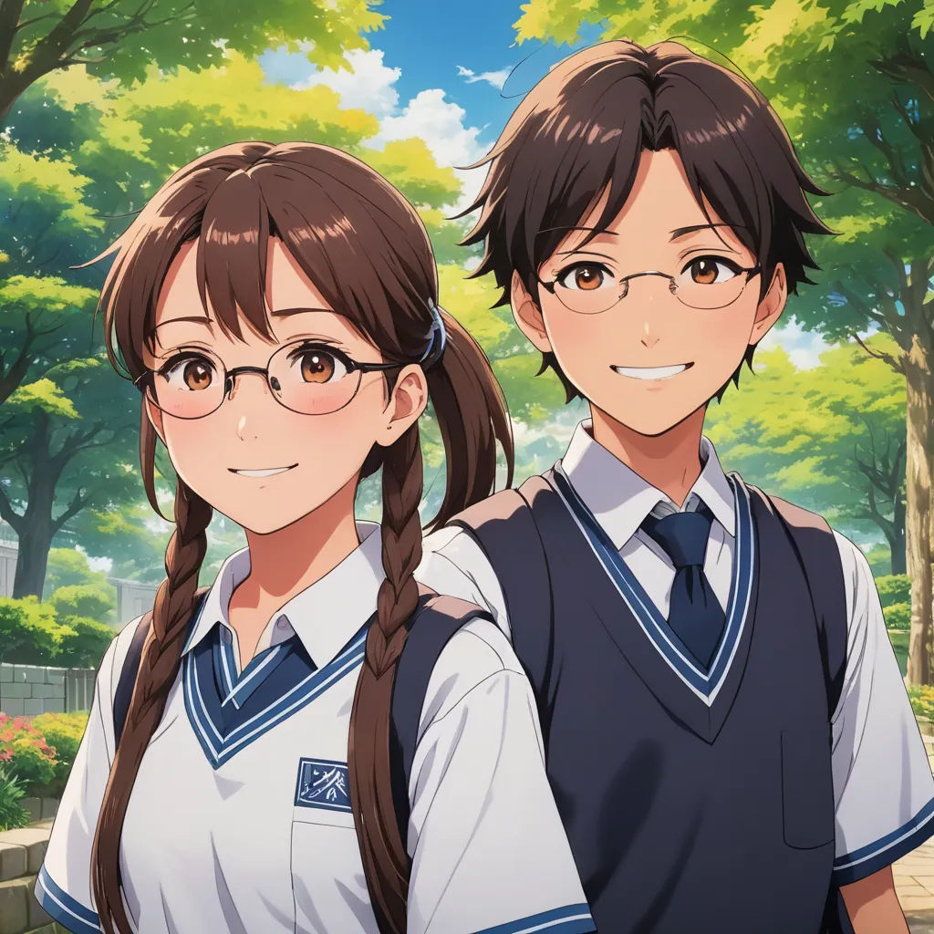two anime characters are standing in front of a tree lined park with green leaves and a blue sky in the background, sots art, a stock photo, Aguri Uchida, official art