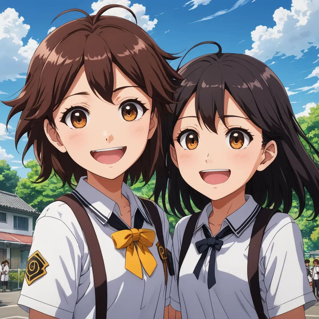 two girls in school uniforms standing next to each other in front of a building with trees and clouds in the background, serial art, poster art, Ai-Mitsu, official art