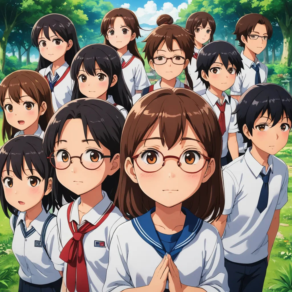 a group of young girls standing next to each other in front of a forest with trees and grass on the ground, serial art, poster art, Ai-Mitsu, official art