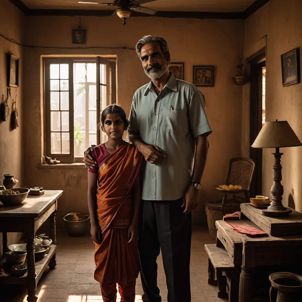a man and a woman standing in a room with a window and a lamp on the wall and a table with a lamp on it, feminist art, a character portrait, Bholekar Srihari, promotional image