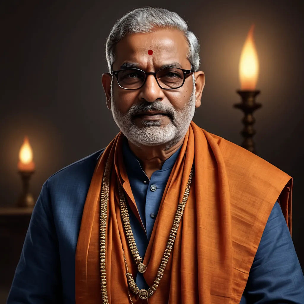 a man with a beard and glasses wearing a scarf and a necklace with a candle in the background and a black background, samikshavad, a character portrait, Bholekar Srihari, movie still