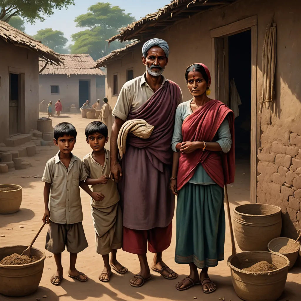 a man and two children standing in front of a mud hut with a wheelbarrow and a bucket, american scene painting, a detailed matte painting, Bapu, highly detailed digital painting