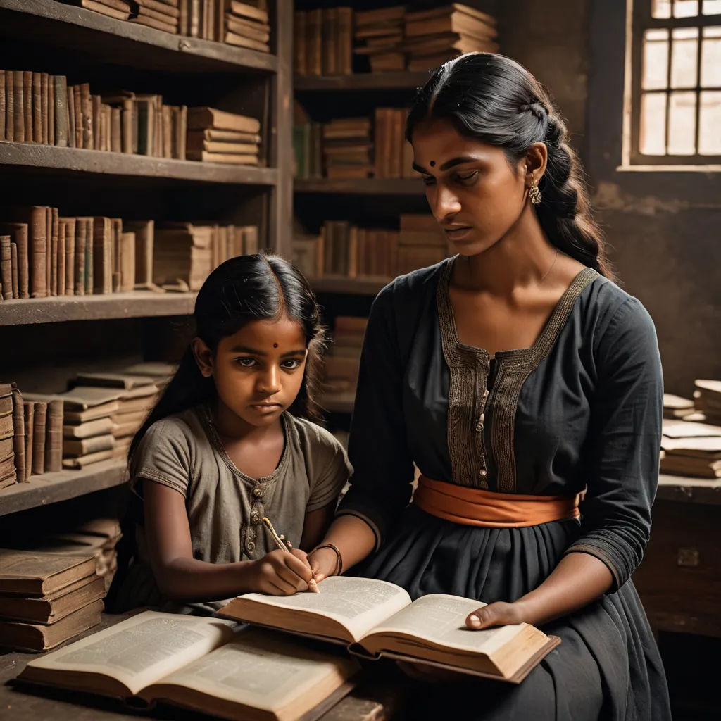 a woman and a girl are sitting in front of a bookcase and looking at a book together,, bengal school of art, a storybook illustration, Ella Guru, movie still
