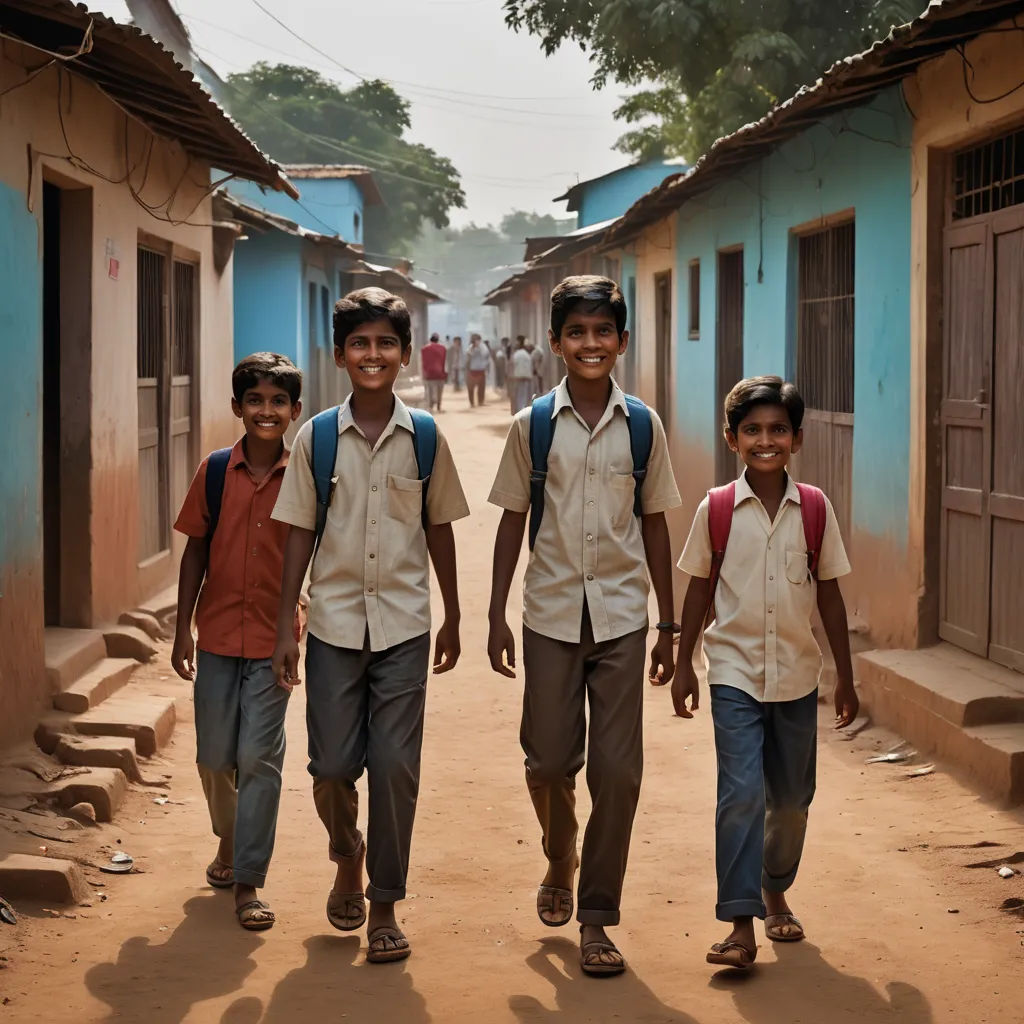 three boys walking down a street in a village in india, with one boy in the middle of the street, danube school, a stock photo, Daniel Lieske, award-winning photograph