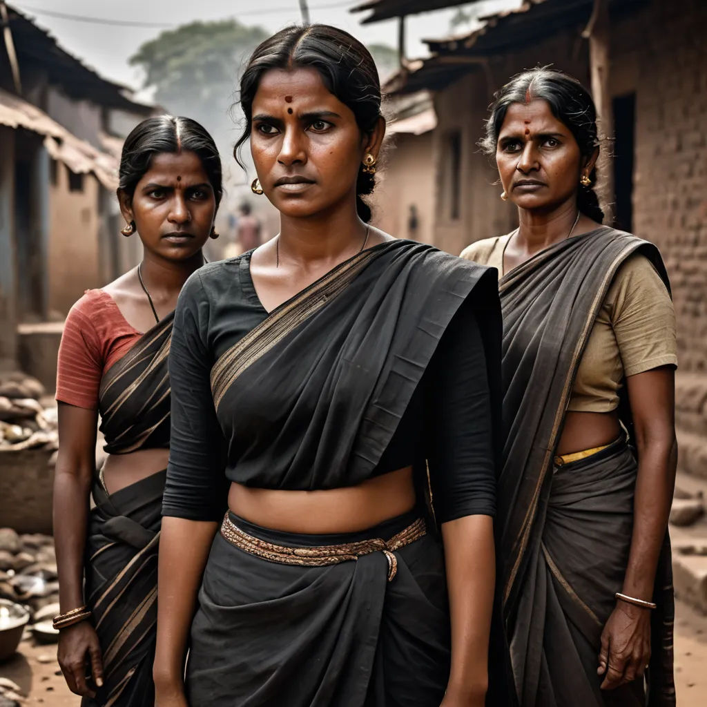 three women standing in a village in india, one of them is wearing a sari and the other is wearing a blouse, bengal school of art, a character portrait, Ella Guru, award-winning photograph
