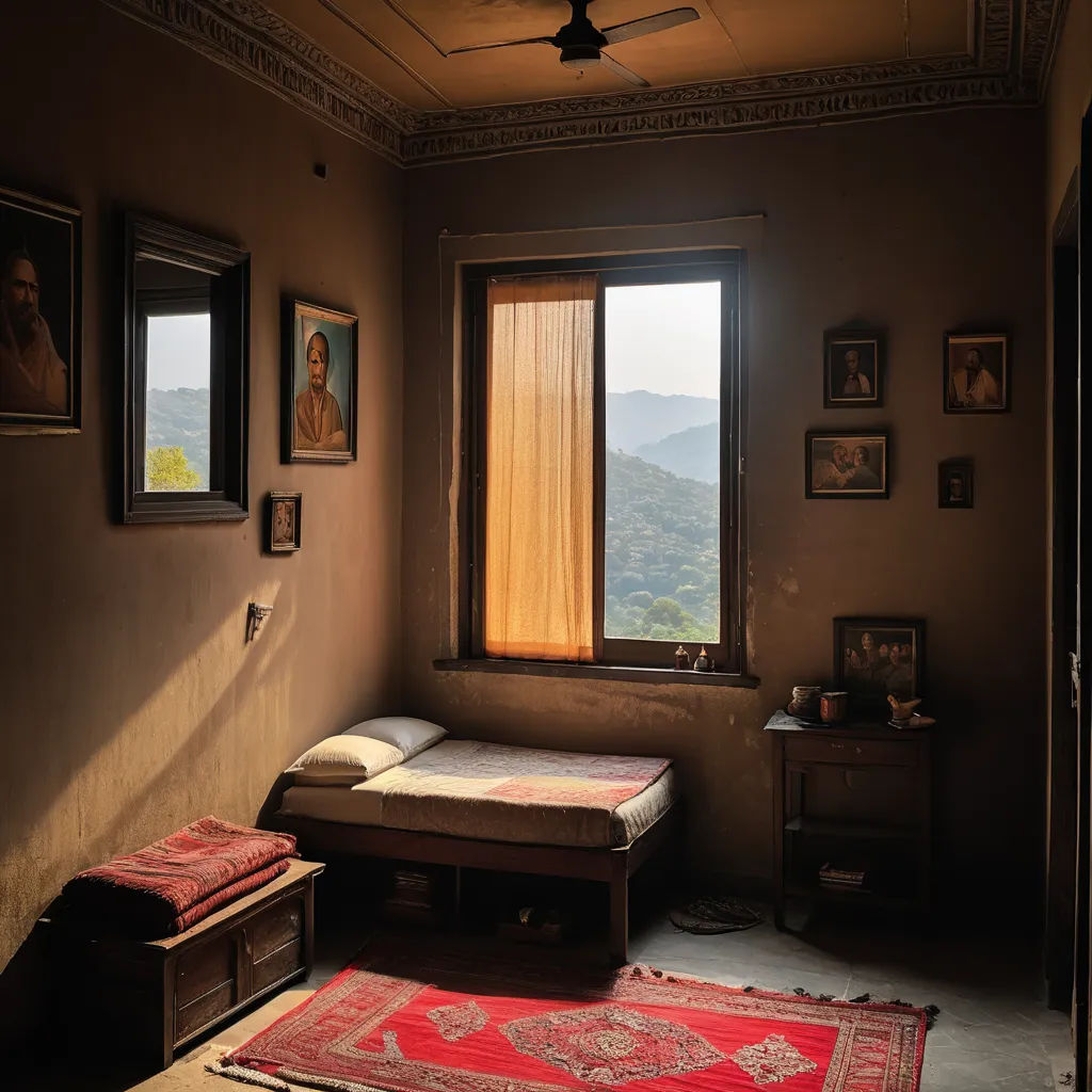a bedroom with a bed and a window with a view of mountains outside of it and a rug on the floor, light and space, a still life, Arie Smit, warm light
