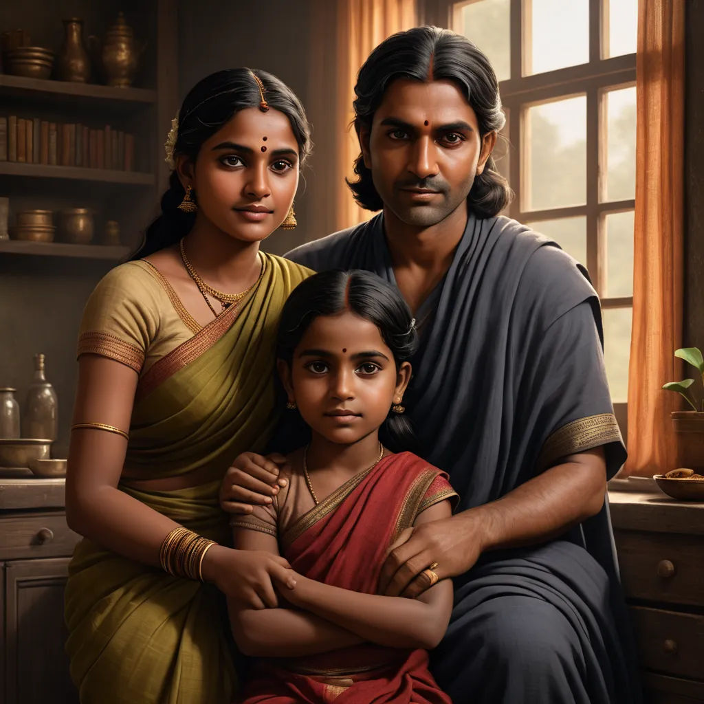 a painting of a man and woman with a child in a kitchen with a window behind them and a potted plant in the corner, samikshavad, a photorealistic painting, Brad Kunkle, promotional image