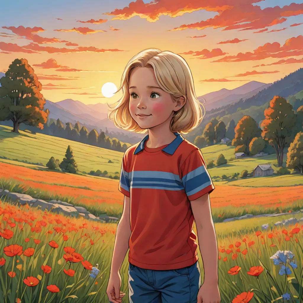 a painting of a little girl standing in a field of flowers at sunset with a sunset behind her and a mountain range in the distance, american scene painting, a storybook illustration, Aaron Jasinski, comic cover art