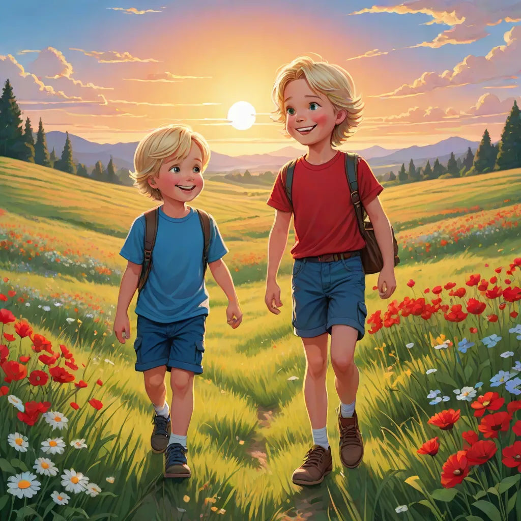 two children walking through a field of flowers at sunset with the sun in the background and a field of flowers in the foreground, american scene painting, a storybook illustration, Brothers Hildebrandt, official art
