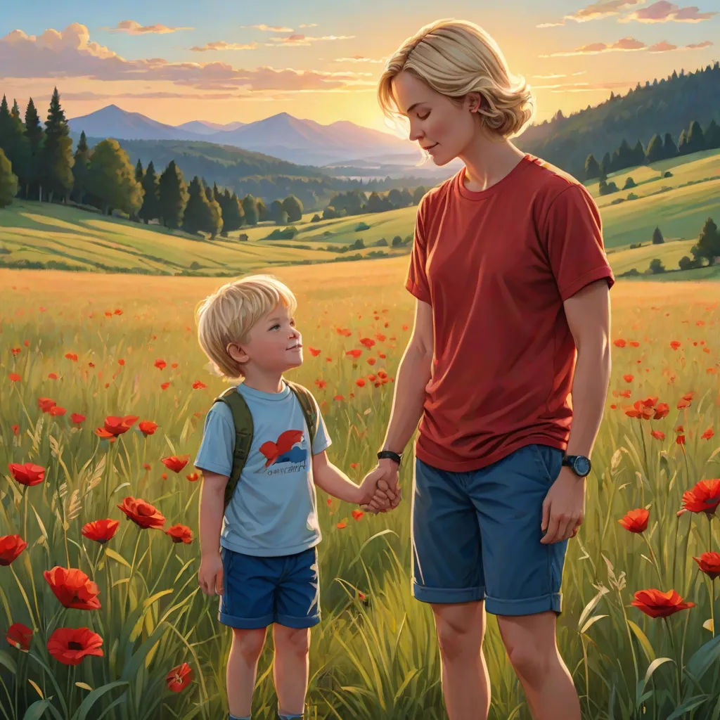 a painting of a boy and a girl holding hands in a field of flowers with a mountain range in the background, socialist realism, a painting, Aaron Jasinski, official art