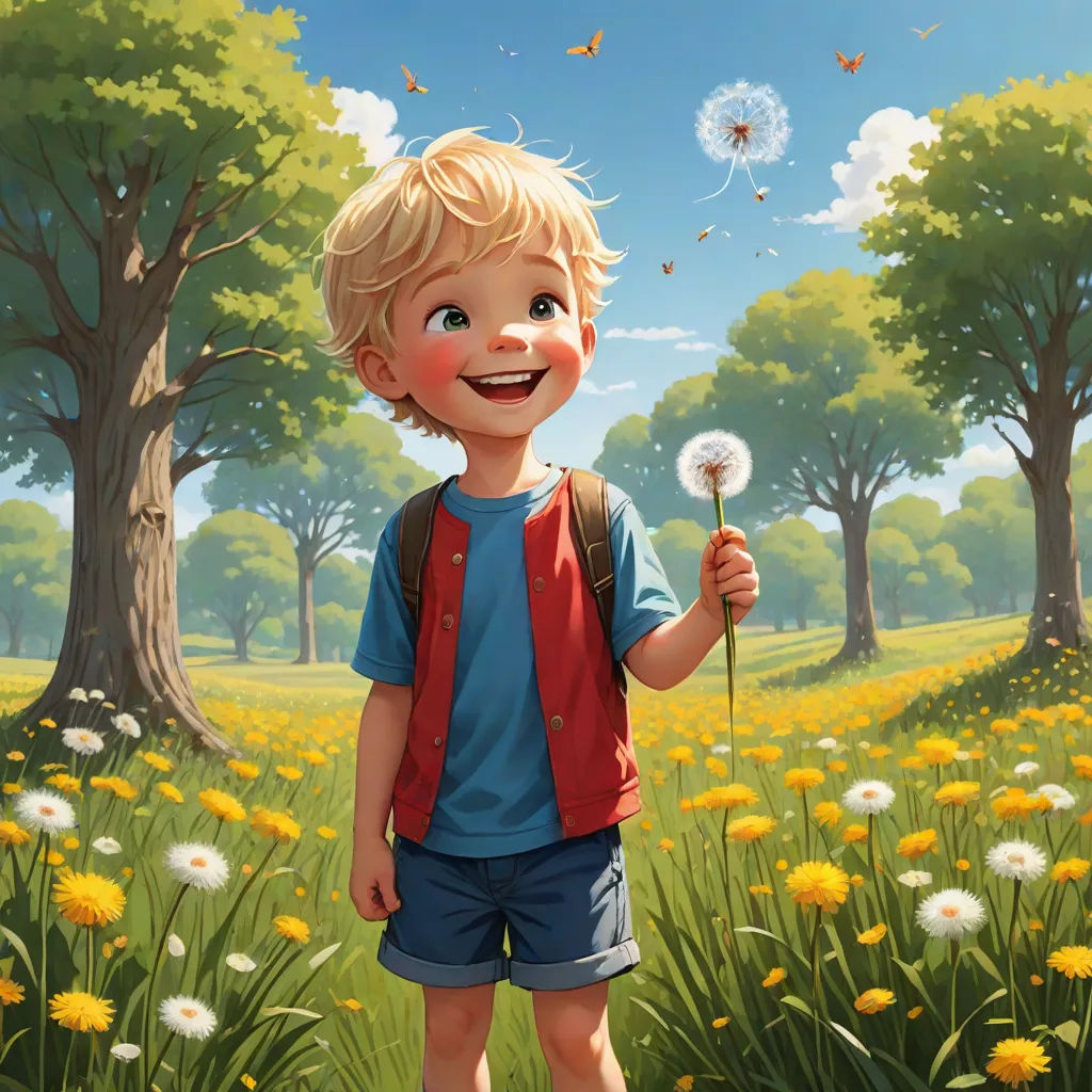 a boy in a field of dandelions holding a dandelion in his hand and smiling at the camera, fantasy art, a storybook illustration, Aaron Jasinski, rossdraws global illumination
