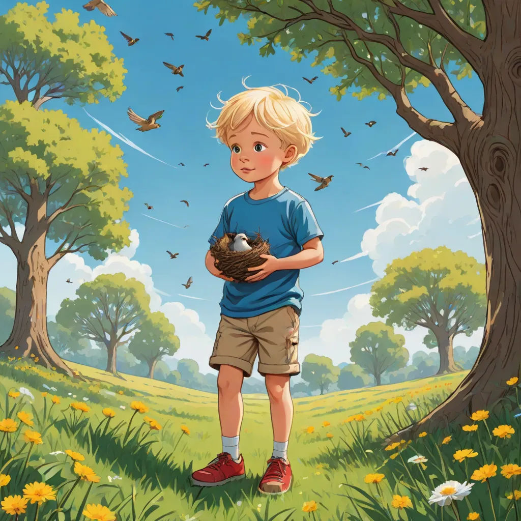 a boy holding a bird in a field of flowers and trees with a bird in his hand and a bird in his hand, american scene painting, a storybook illustration, Aaron Jasinski, official art