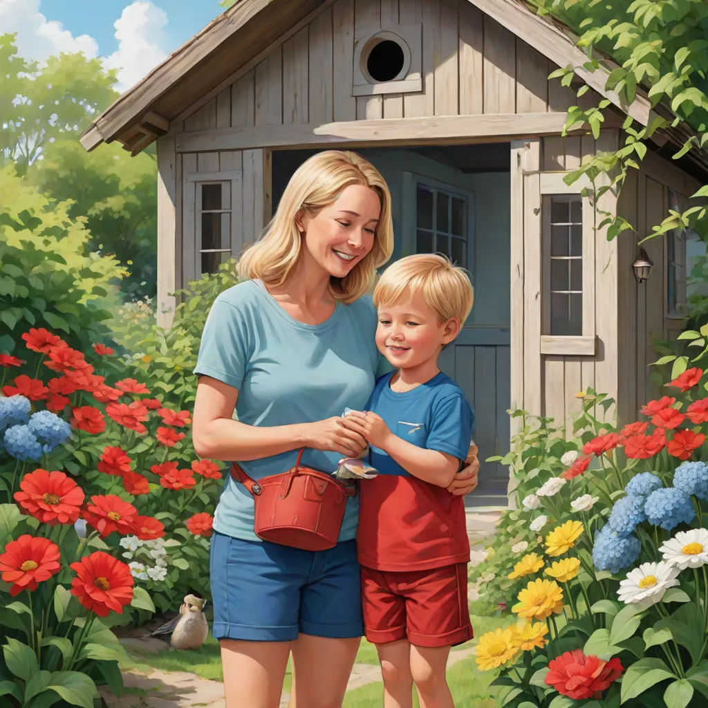 a woman and a boy are standing in front of a flower garden with a birdhouse and flowers in the background, american scene painting, a storybook illustration, F. Scott Hess, storybook illustration