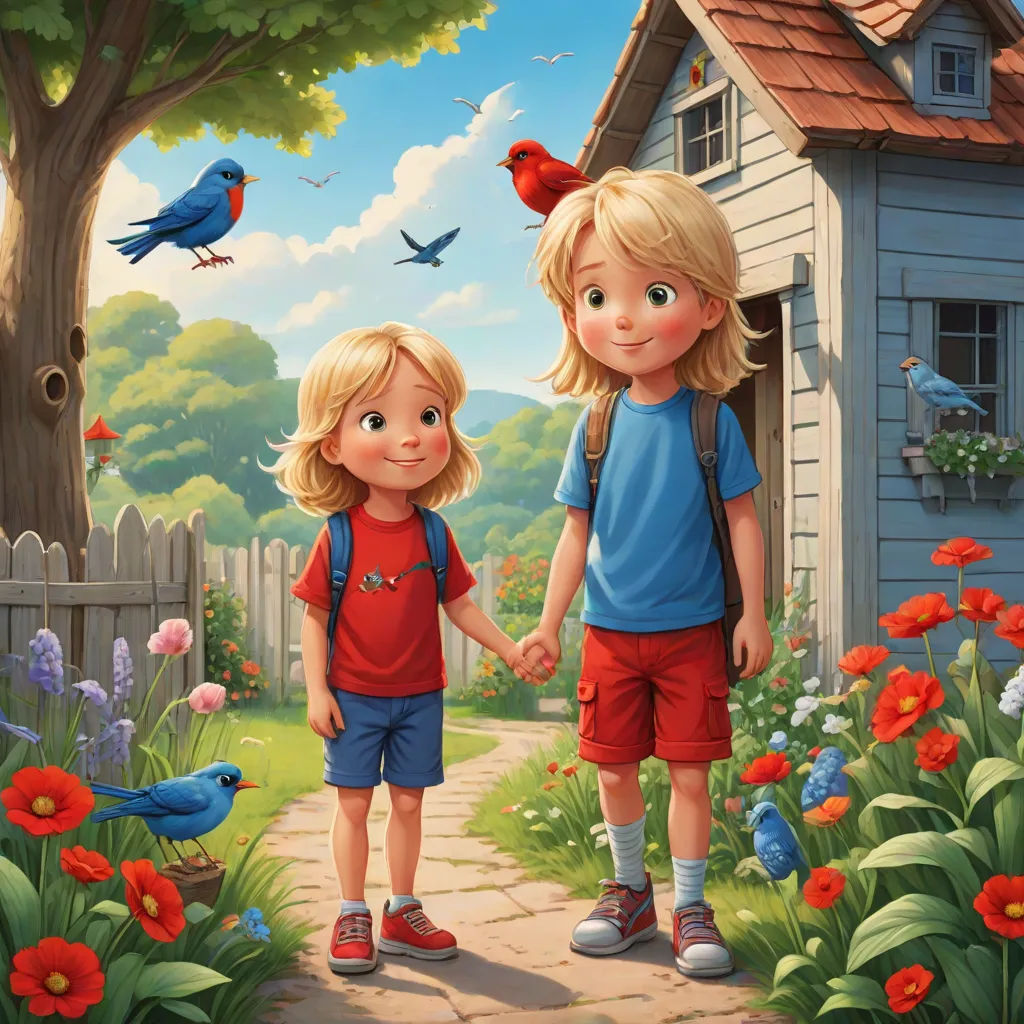 a painting of two children holding hands in front of a bird house and a bird flying over the house, naive art, a storybook illustration, Brothers Hildebrandt, storybook illustration