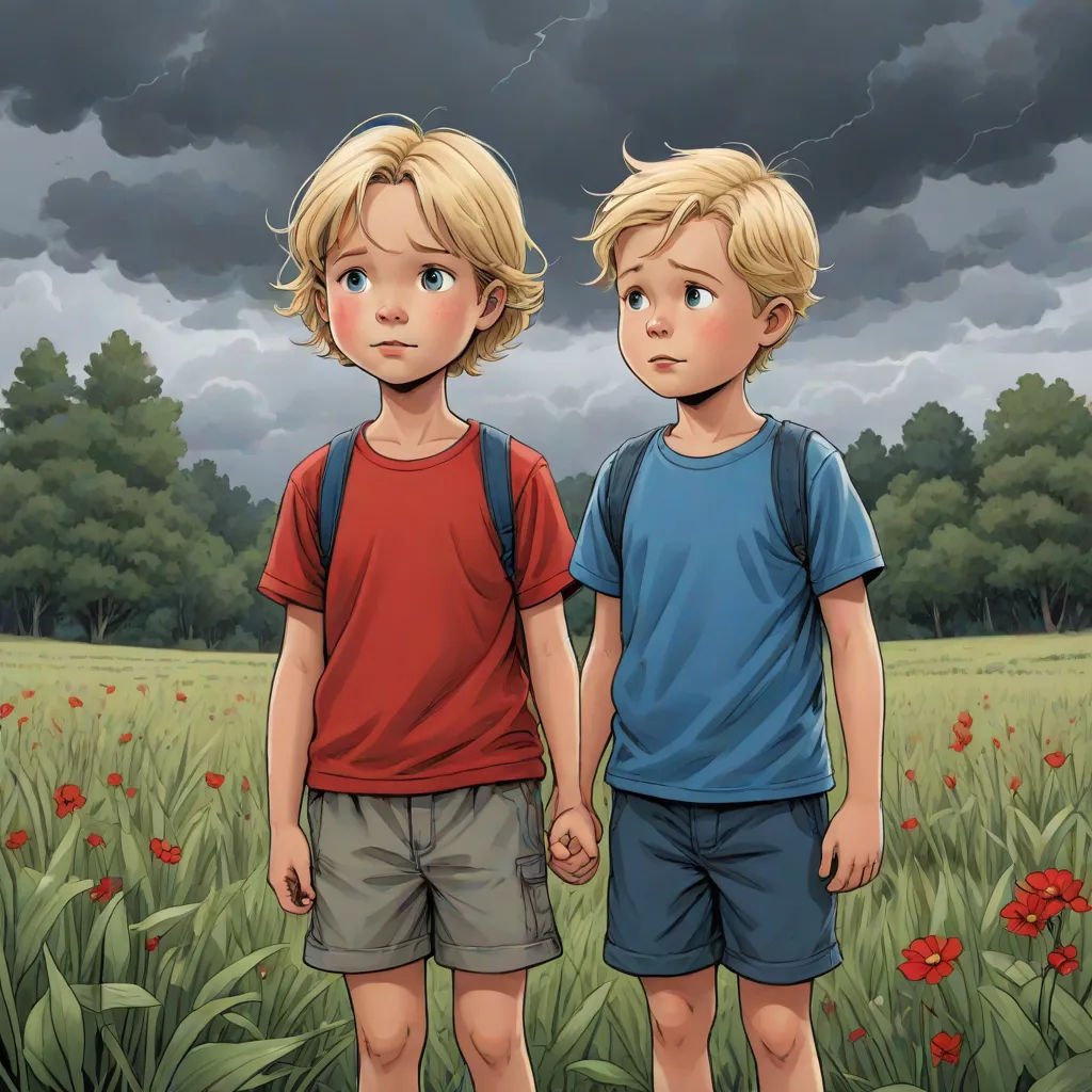two young boys standing in a field of flowers under a cloudy sky with a black cloud in the background, serial art, a storybook illustration, Brothers Hildebrandt, comic cover art
