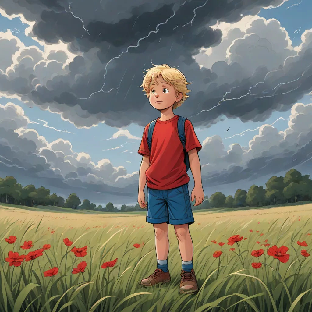 a boy standing in a field with a storm in the background and a sky filled with clouds above him, color field, a storybook illustration, Aaron Jasinski, book cover