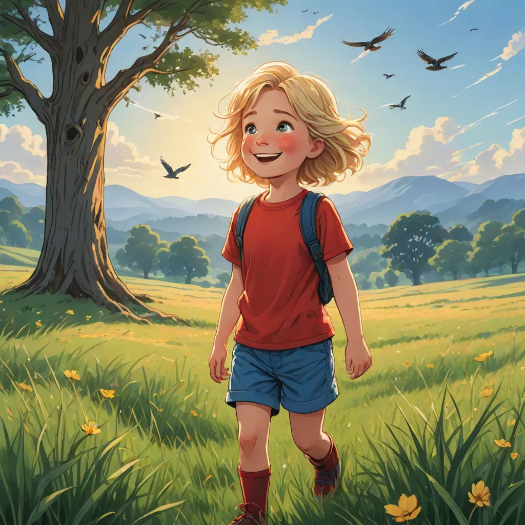 a painting of a young girl walking through a field of grass with a tree in the background and birds flying overhead, american scene painting, a storybook illustration, Aaron Jasinski, official art