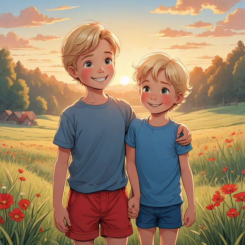 two children standing in a field of flowers with the sun setting behind them and a field of red flowers, lyco art, a storybook illustration, Brothers Hildebrandt, official art