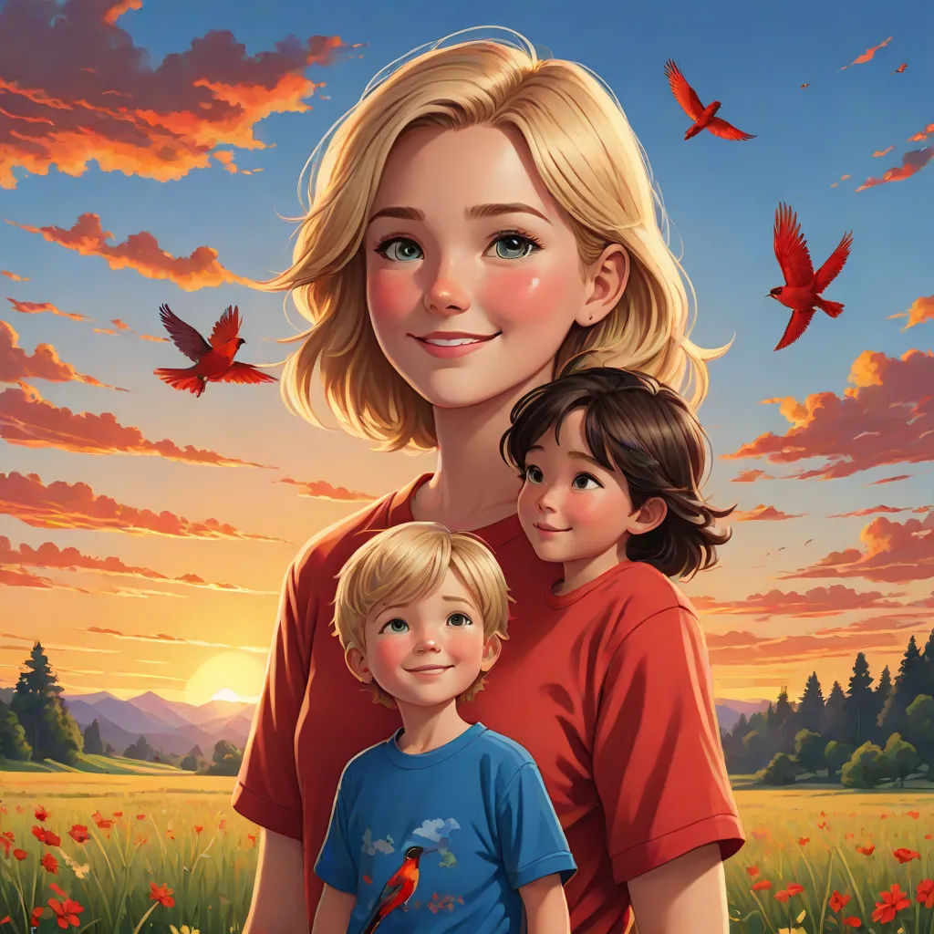 a woman and a boy are standing in a field with red birds flying overhead and a sunset behind them, american realism, a storybook illustration, Caroline Lucy Scott, key art