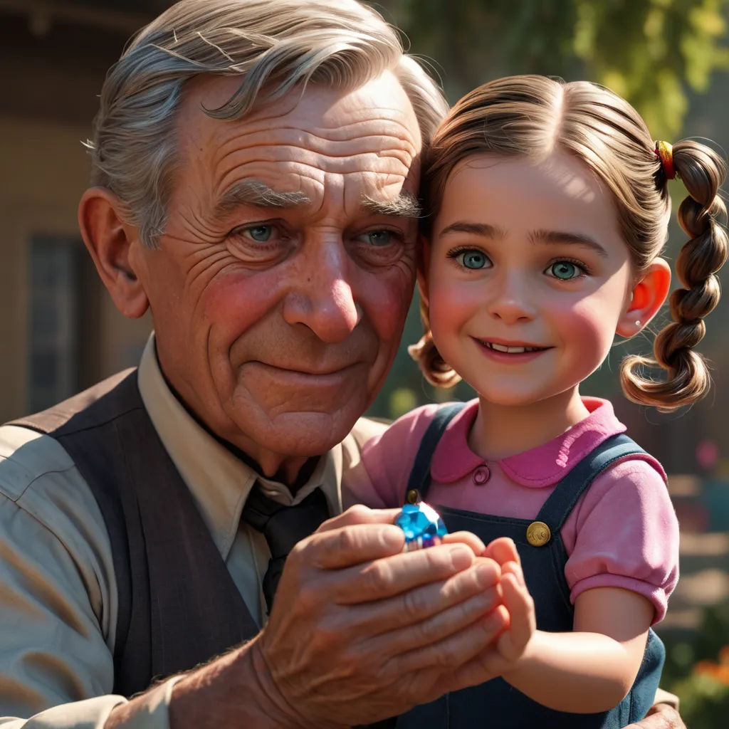 a man and a little girl are posing for a picture together, with a doll in front of them, photorealism, a hologram, Cliff Childs, cgi