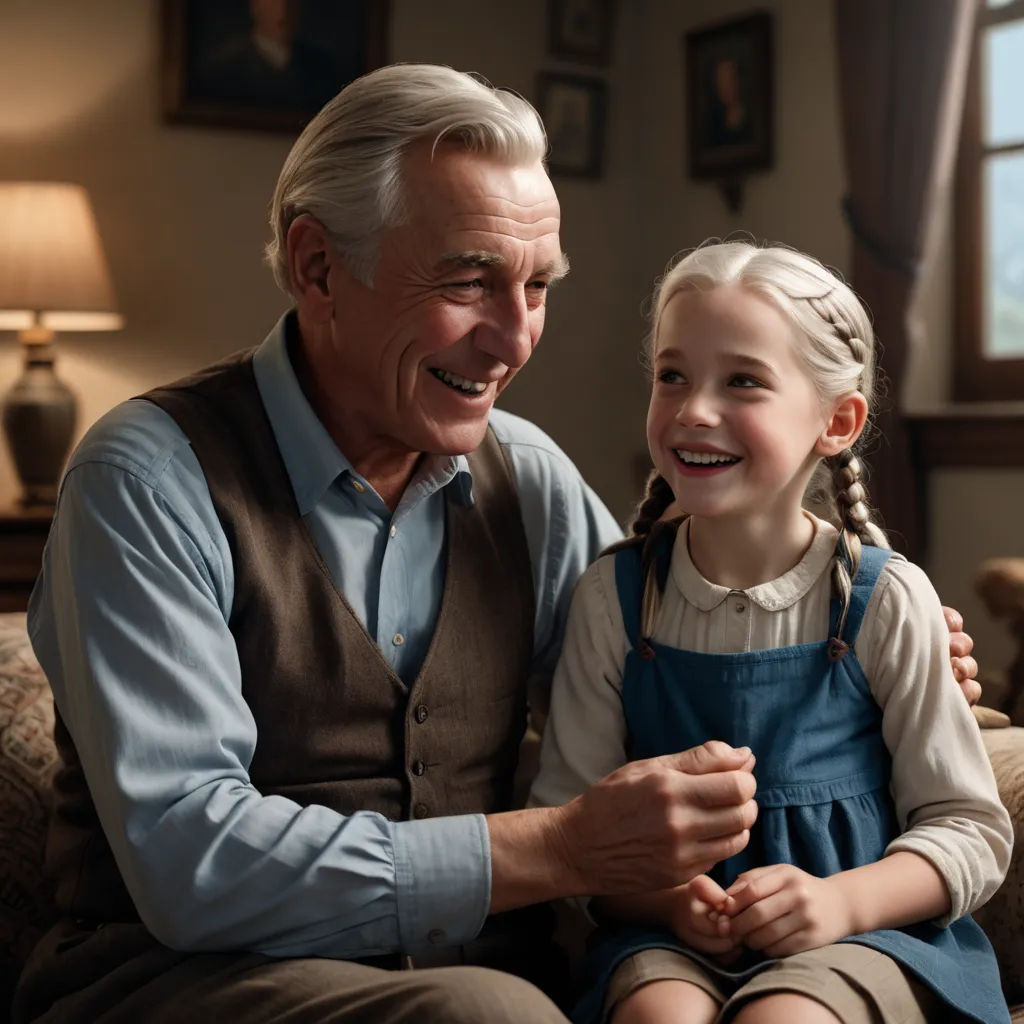 a man and a little girl sitting on a couch together smiling at the camera, with a man in the background, photorealism, a storybook illustration, Cliff Childs, promotional image