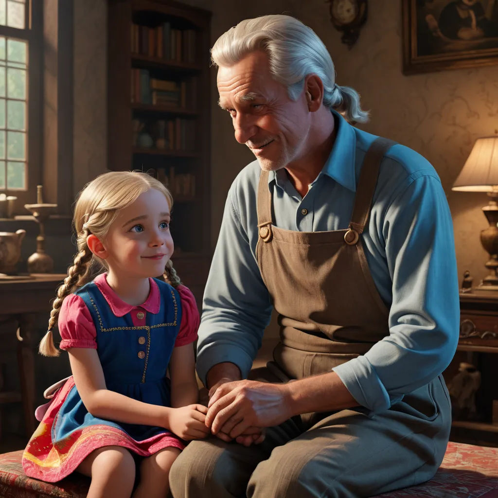 a man and a little girl sitting on a table in a room with a window and a lamp on, magical realism, a storybook illustration, Cliff Childs, promotional image