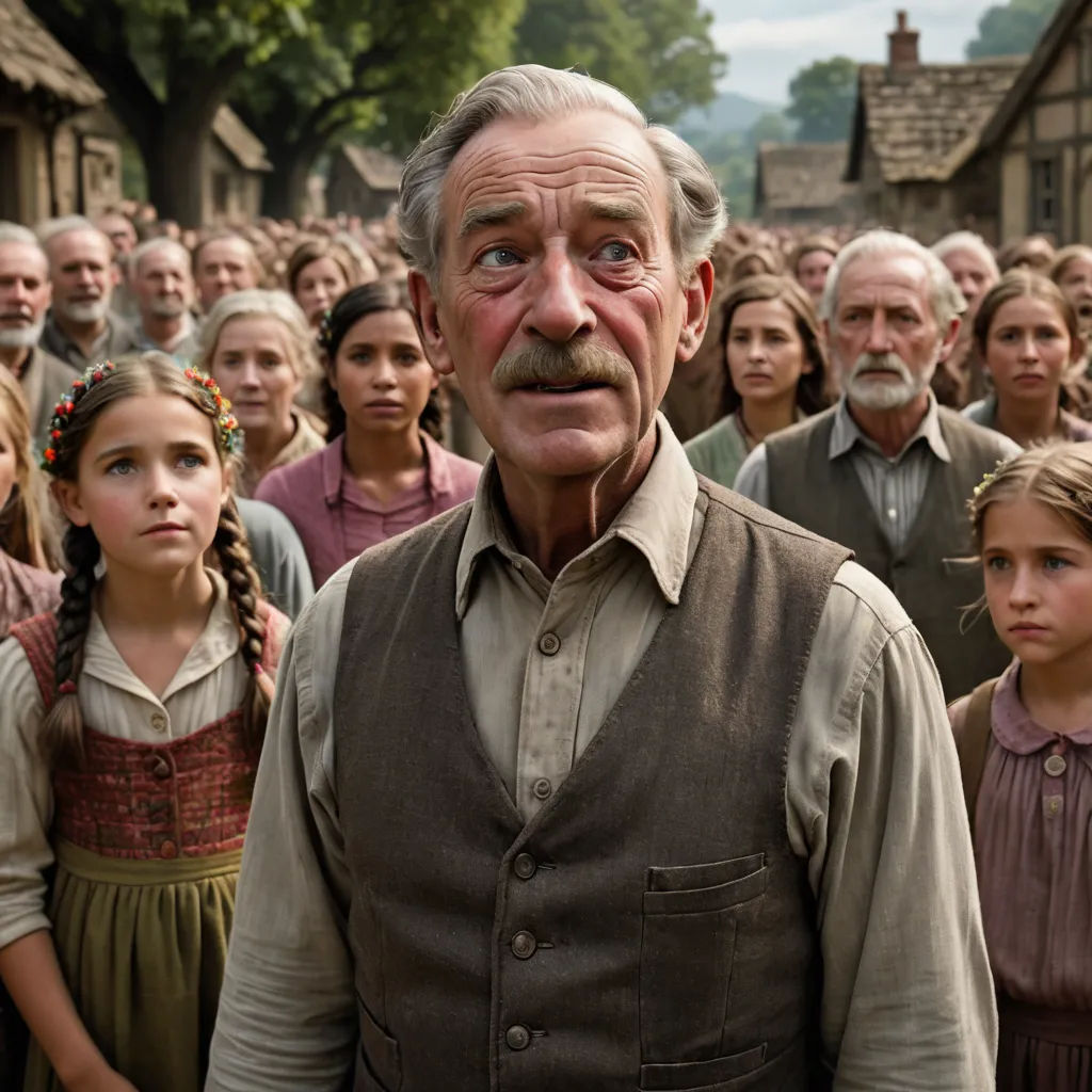 a man standing in front of a crowd of people in a village with a large group of people behind him, arts and crafts movement, a renaissance painting, Anne Said, imax 70 mm footage