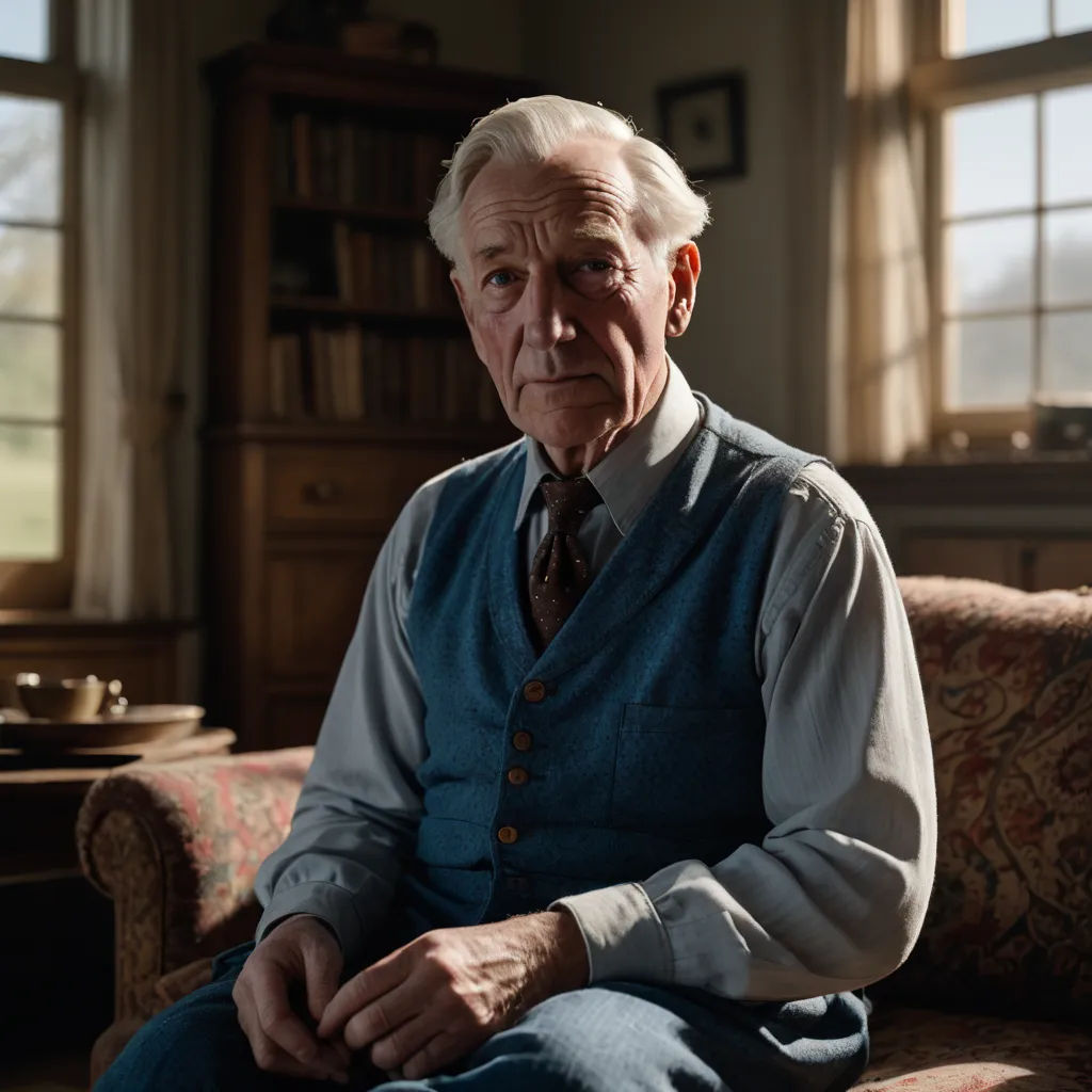 a man sitting in a chair in a room with a bookcase and a window behind him and a chair with a chair and a bookcase in front of him, arts and crafts movement, a character portrait, David Annand, promotional image
