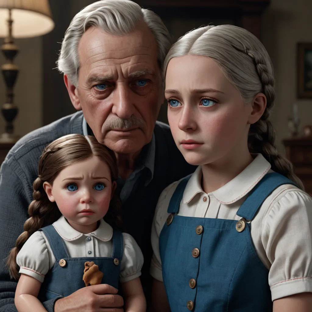a man and a little girl are posed for a picture with a doll in front of them and a man in the background, hyperrealism, a hyperrealistic painting, Eva Frankfurther, cgstudio