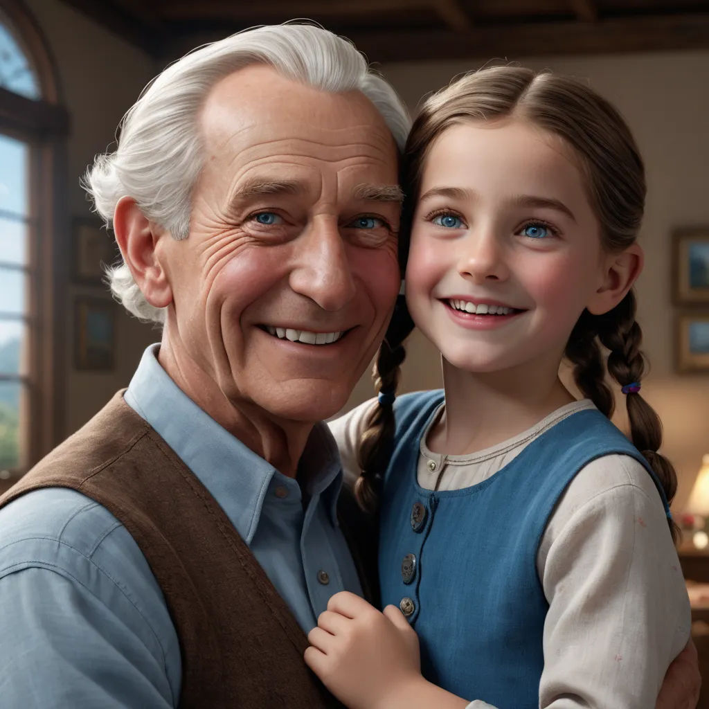 a man and a little girl are smiling for a picture together in a living room with a large window, photorealism, a computer rendering, Cliff Childs, promotional image