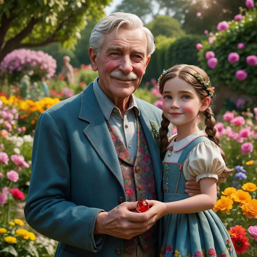 a painting of an older man and a young girl in a garden with flowers and trees in the background, magical realism, a poster, Cliff Childs, promotional image