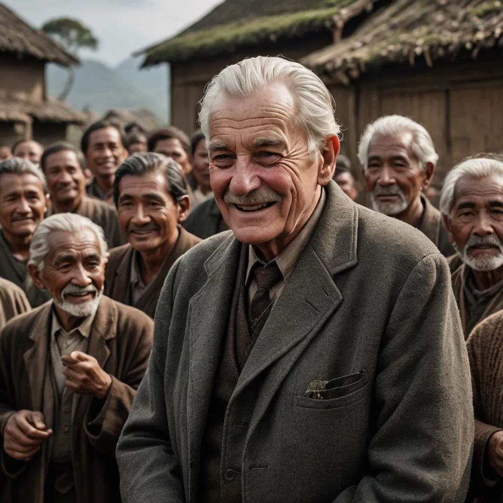a group of men standing next to each other in front of a hut with a thatched roof and a smiling man in a suit, classical realism, a character portrait, Fang Congyi, promotional image