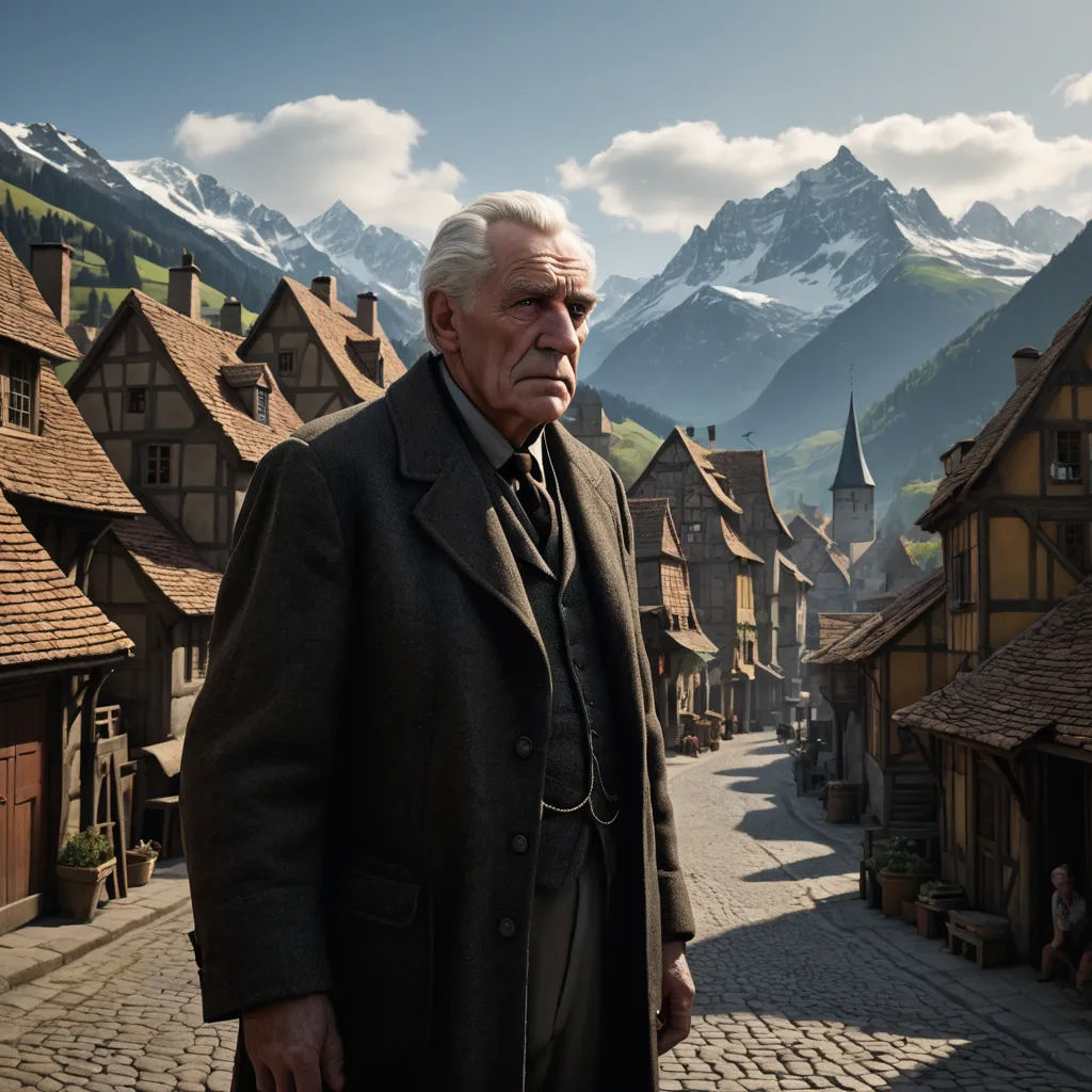 a man in a suit standing in front of a village with mountains in the background and a sky with clouds, arts and crafts movement, a detailed matte painting, Arnold Brügger, promotional image