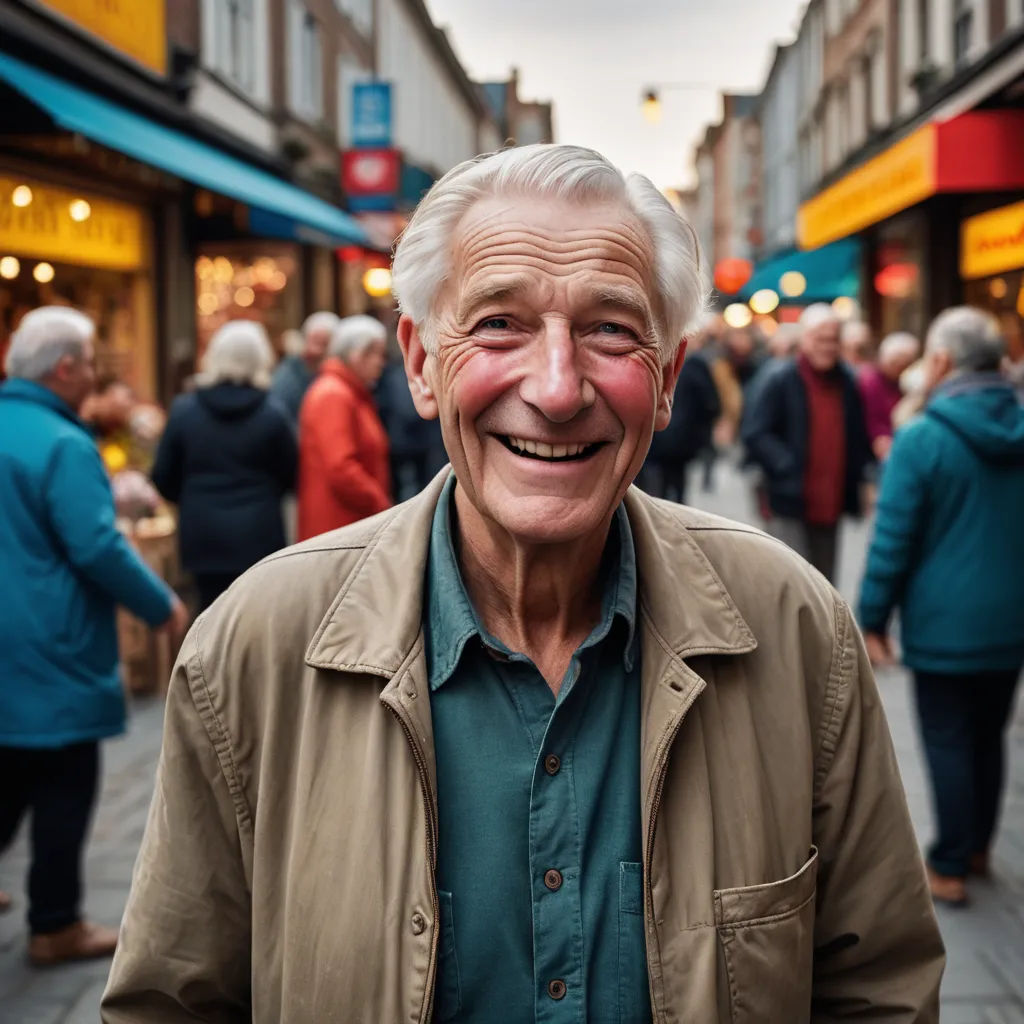 a man standing in front of a crowd of people on a street with buildings in the background and a smiling man in a tan jacket, neoism, a character portrait, David Annand, portrait photography