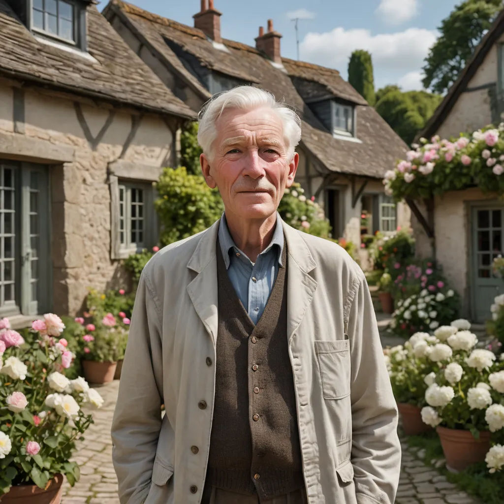 a man standing in front of a house with flowers in the yard and a lot of flowers around him, arts and crafts movement, a character portrait, Colin Gill, promotional image