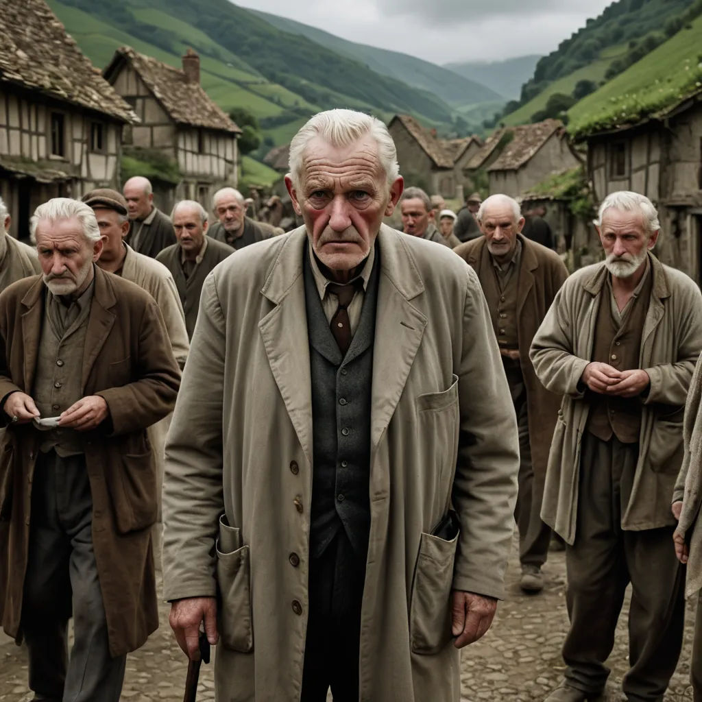 a group of men walking down a street next to each other in a village with mountains in the background, les automatistes, a detailed matte painting, Bogi Fabian, promotional image