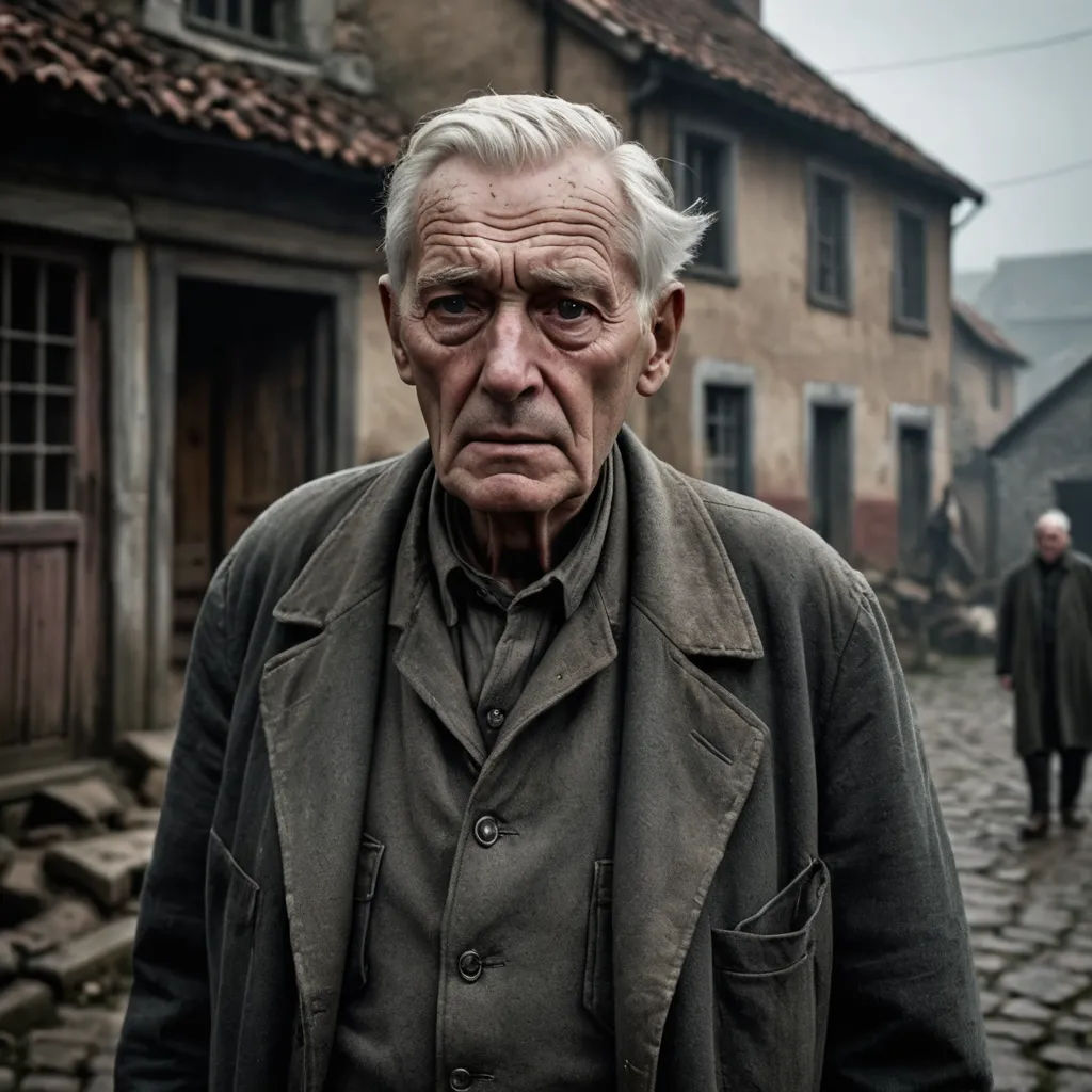 an older man standing in front of a building with two older men walking by him on a cobblestone street, neoism, a character portrait, Eric de Kolb, promotional image