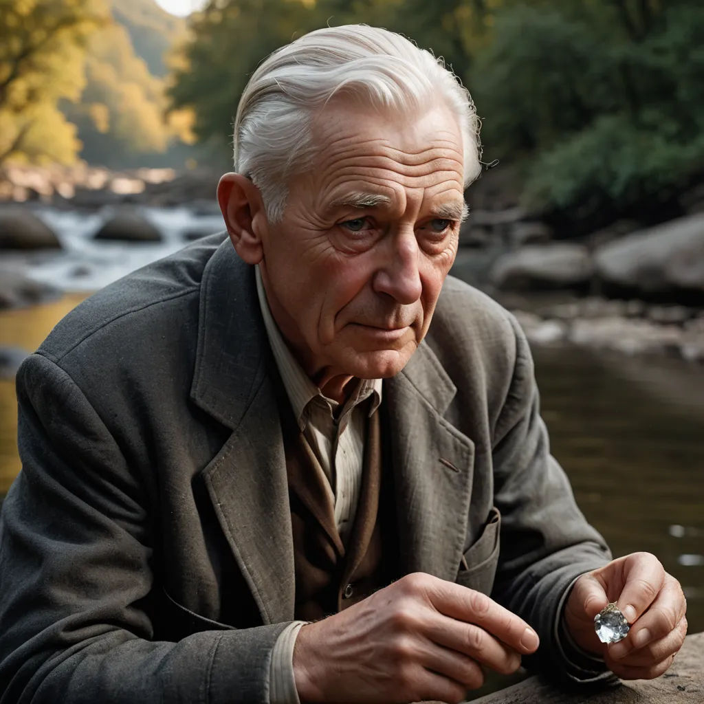 a man in a suit and tie sitting on a rock next to a river and holding a ring in his hand, primitivism, a character portrait, Béla Czóbel, promotional image
