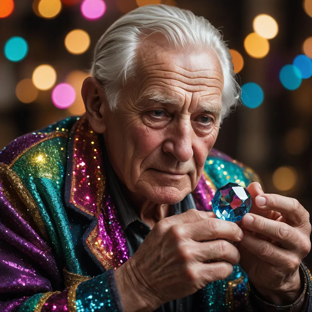 a man in a colorful jacket holding a crystal ring in his hands and looking at the camera with a blurry background, crystal cubism, a hologram, Eric de Kolb, affinity photo