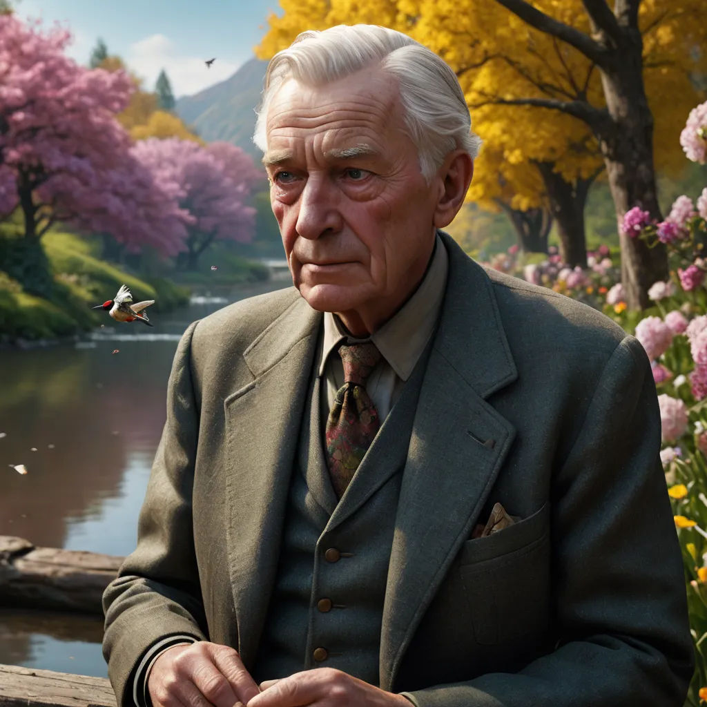 a man in a suit sitting on a bench in front of a pond and trees with flowers in the background, photorealism, computer graphics, Alexander Brook, j. c. leyendecker 8 k