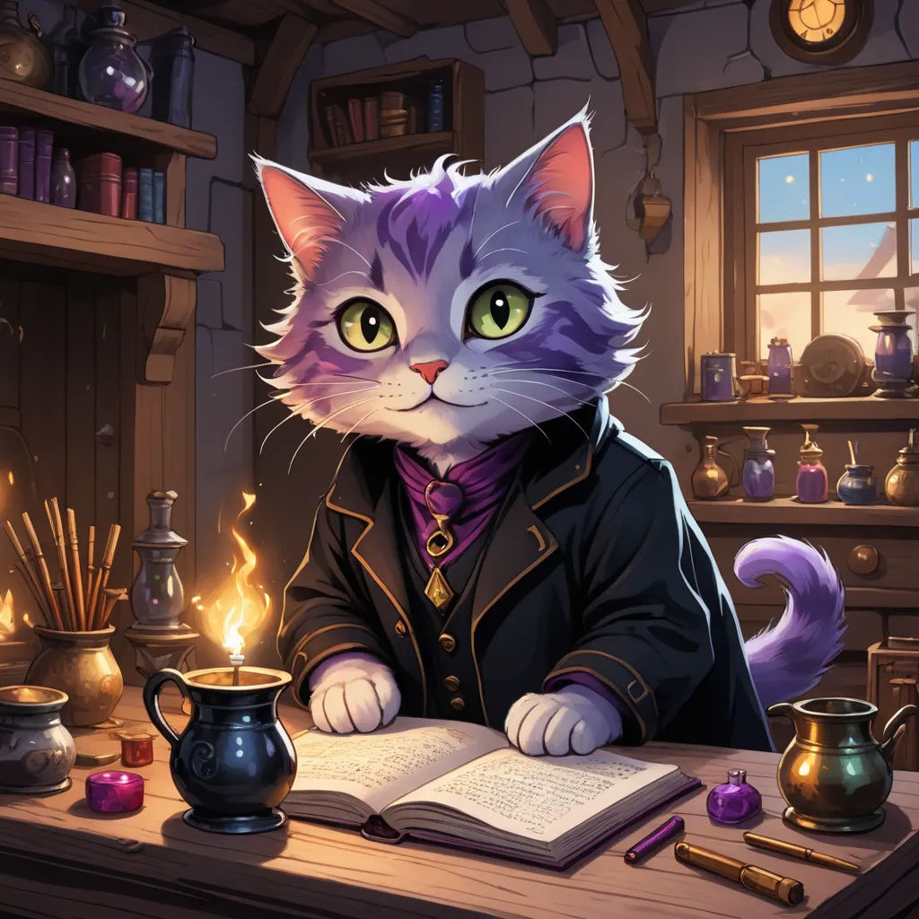 a cat sitting at a desk with a book and a cup of coffee in front of it, and a book with a cat on it, fantasy art, a detailed painting, Chris Rallis, magic the gathering artwork