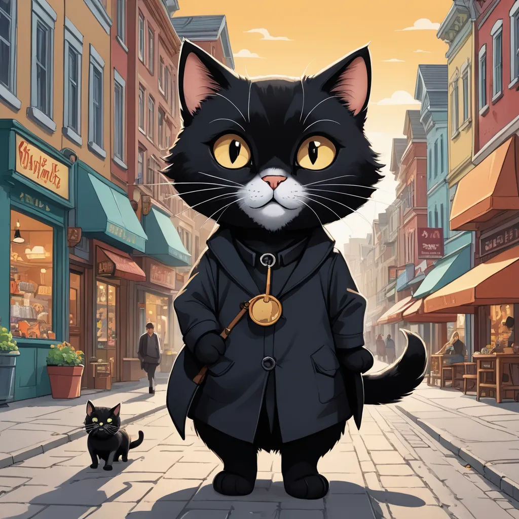 a black cat in a black coat and a black cat in a black suit and a black cat in a black suit and a city street, serial art, a character portrait, Carlos Catasse, official art