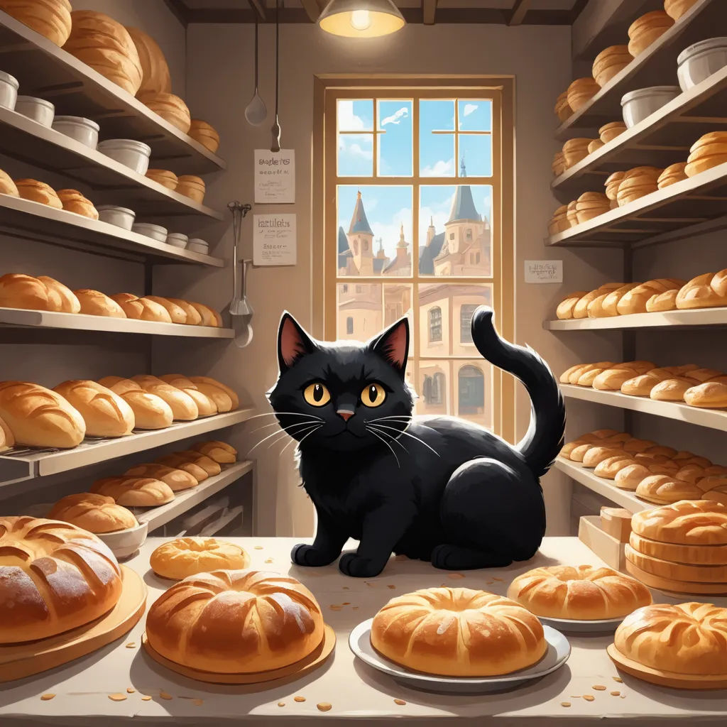 a black cat sitting on a counter in a bakery with breads and pastries on shelves and a window, furry art, a storybook illustration, Evgeny Lushpin, game art
