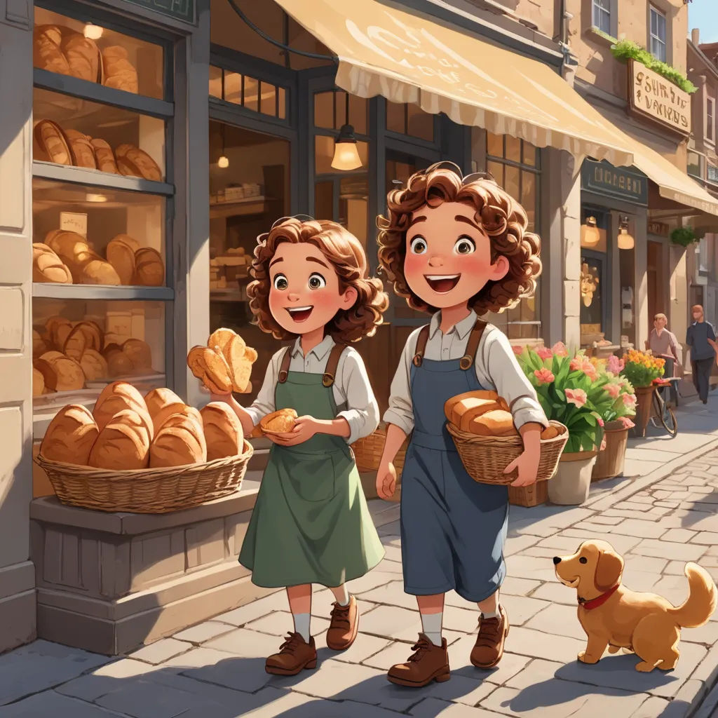 a couple of people that are standing in front of a store with breads and breads in front of them, american scene painting, a storybook illustration, disney, storybook illustration