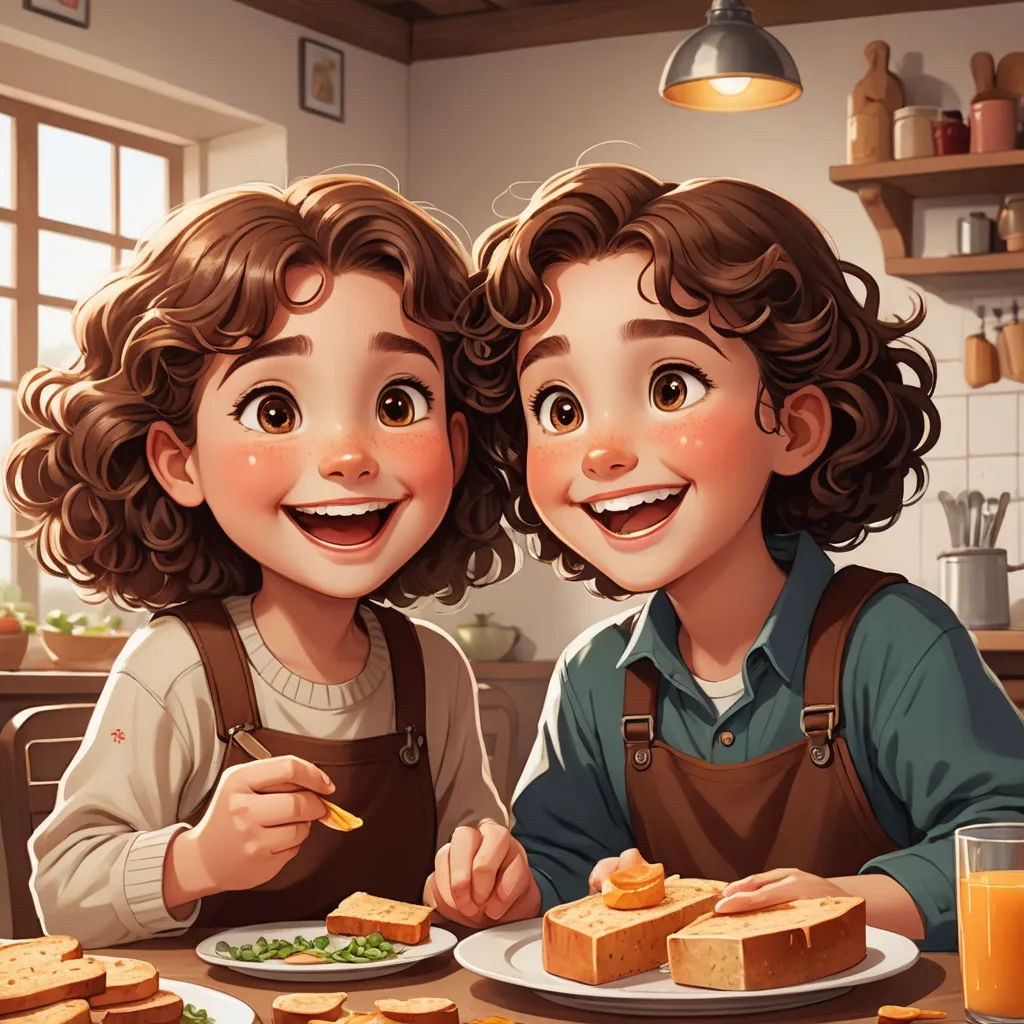 two children sitting at a table eating food together, with a glass of orange juice in front of them, lyco art, a storybook illustration, Chen Lin, trending on art station