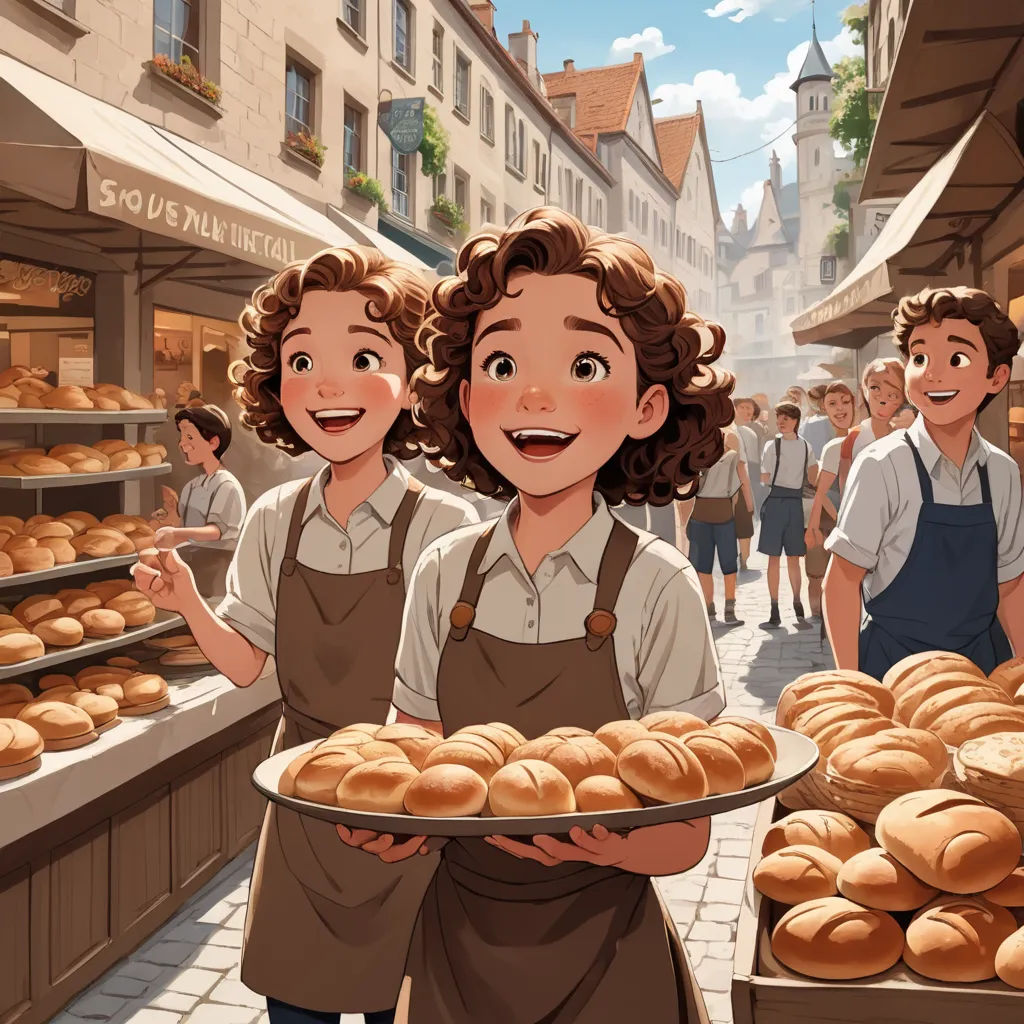 a woman holding a tray of bread in front of a bakery shop with a man and woman in the background, remodernism, a storybook illustration, Brothers Hildebrandt, official art